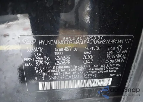 2020 Hyundai Santa Fe Se z USA, uszkodzony, nr VIN 5NMS2CAD6LH153931